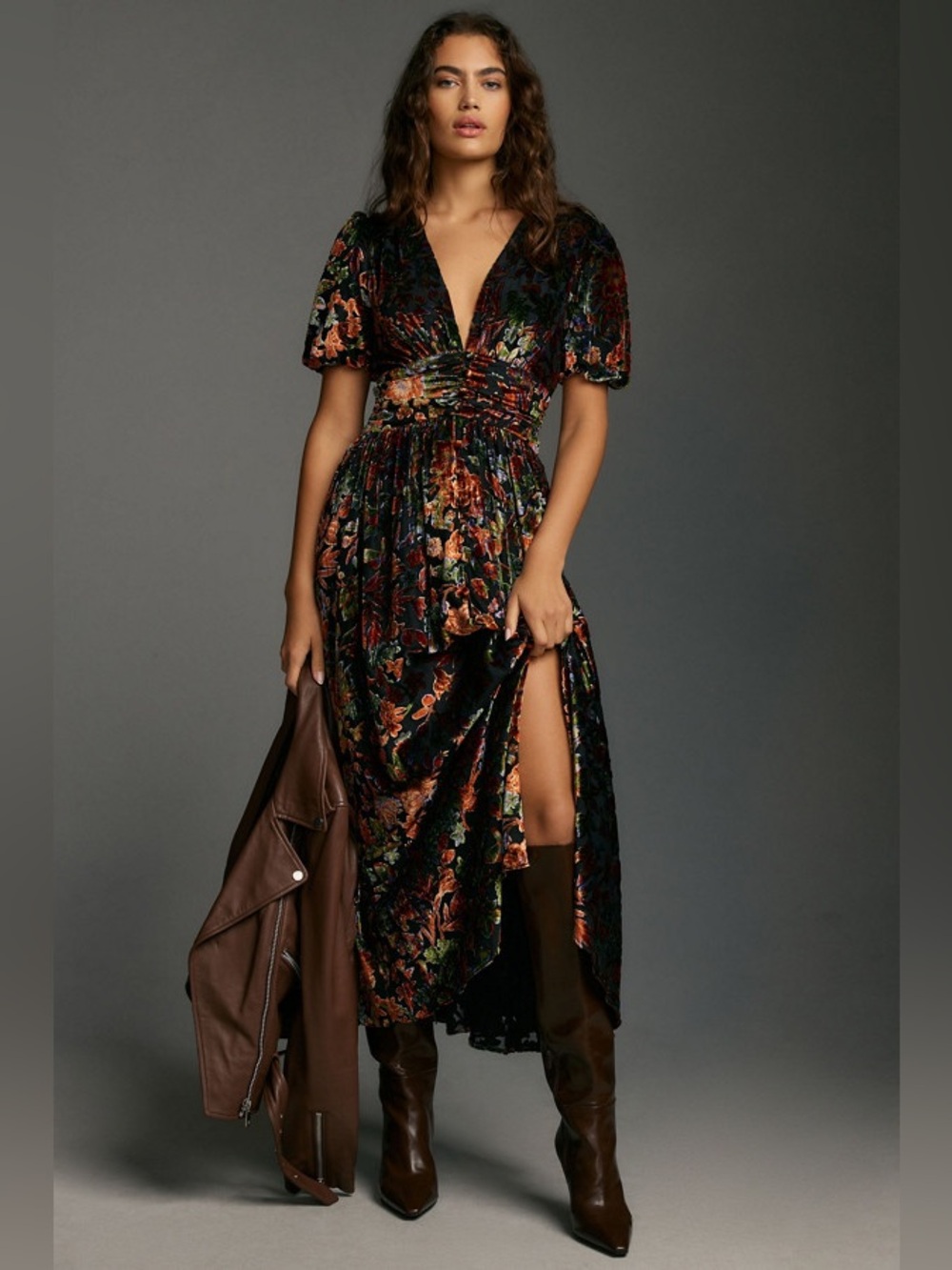 By Anthropologie Katerina Button-Front Burnout Velvet Floral Midi Dress US 16 - Picture 3 of 11